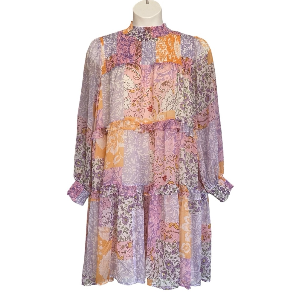 Fate Curve Patchwork Chiffon Mock Neck Dress Pink Orange Womens Plus Size 1X NWT